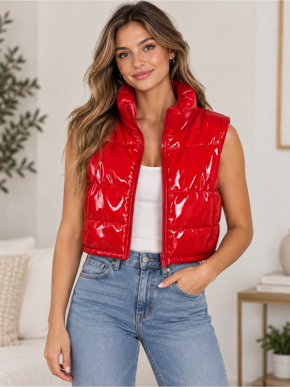 Daisy Red Glossy Cropped Puffer Vest – Size Medium